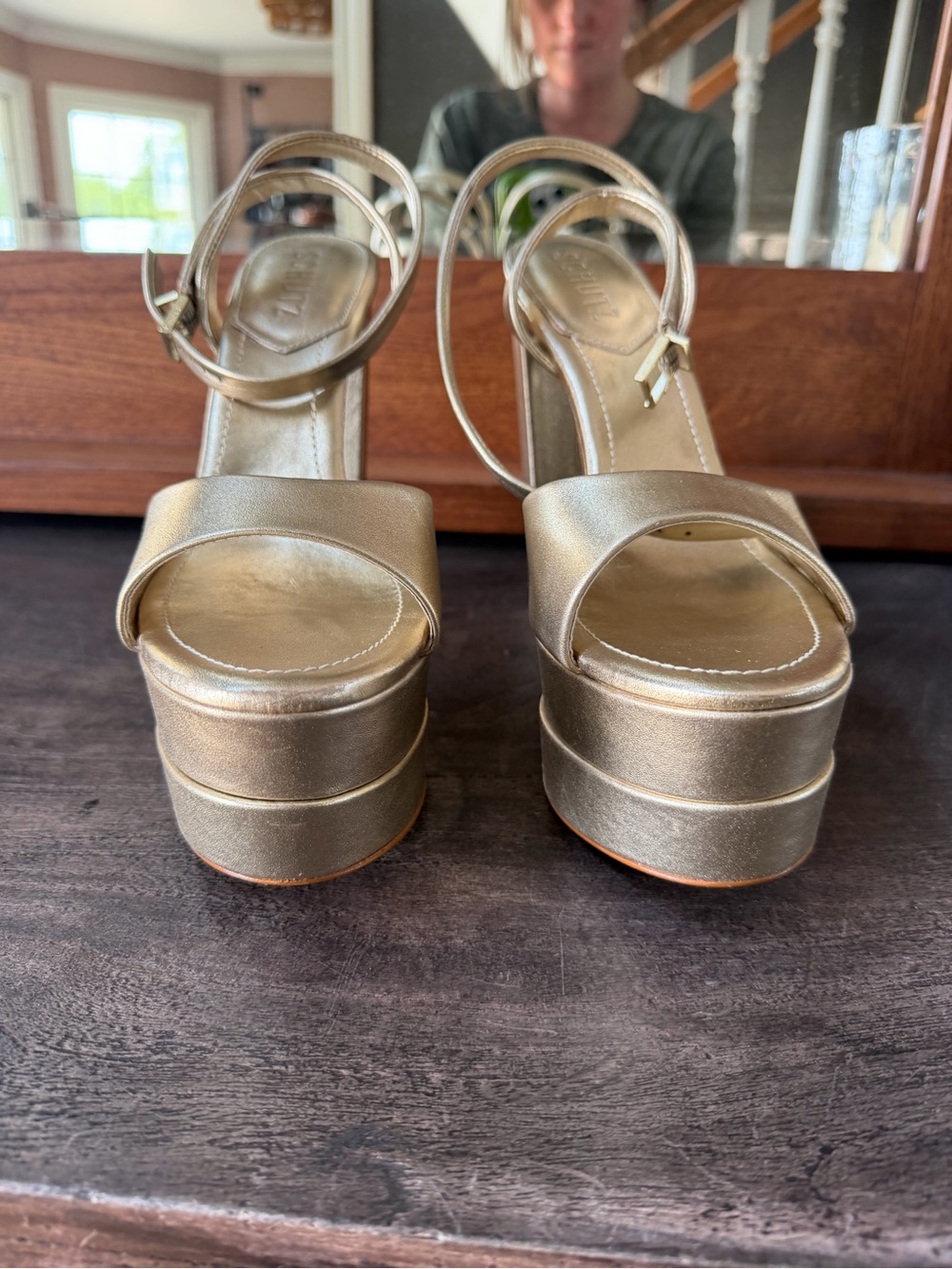 SCHUTZ Metallic Gold Platform Block Sandals - Picture 2 of 9